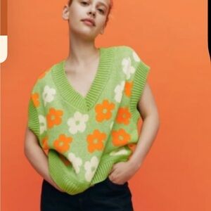 Zara Floral Jacquard Knit Oversized sweater Vest S